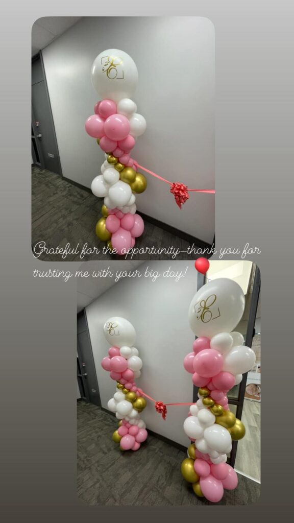 Professional balloon towers in pink, white, and gold featuring custom-printed large balloons and a ceremonial ribbon for a corporate grand opening in Montreal.